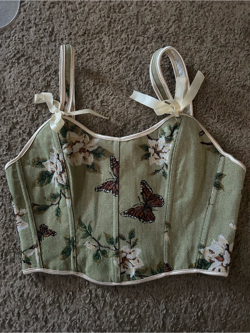 Sage Green Floral Butterfly Corset Crop Top